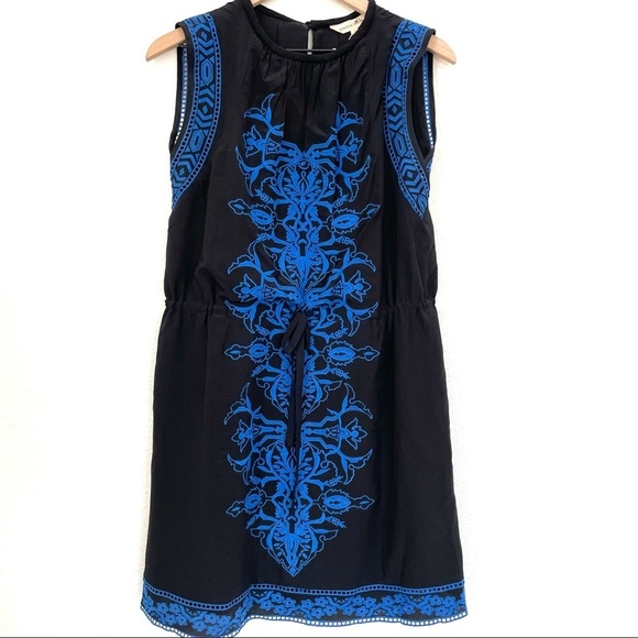 REBECCA TAYLOR Aztec Blue Embroidered Sleeveless Black Dress 100% Silk Size 2 - Picture 6 of 13